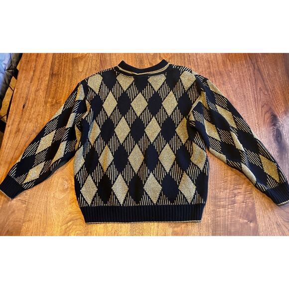 Vintage Alfred Dunner Shoulder Pad Sweater M Black Gold Argyle Glitter USA - Picture 2 of 9